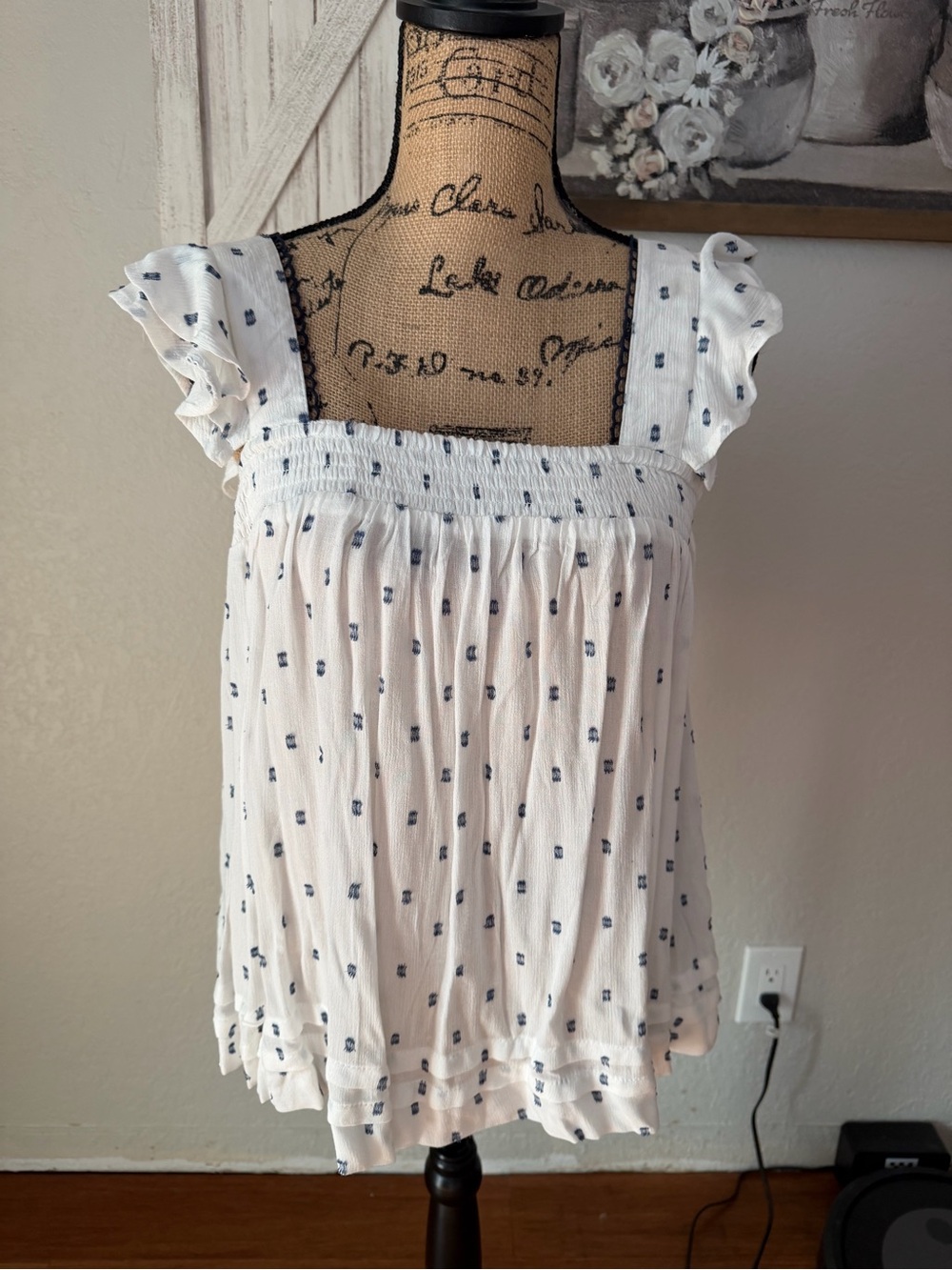 Maurices White Smocked Square-Neck Tank with Navy Dot Print